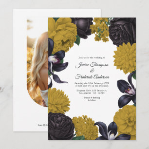 Schwarze & Goldene Foto-/QR-Code-Blumenhochzeit Einladung