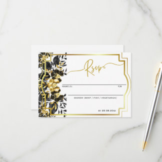 Schwarze goldene, geometrische Monogramm-RückenWed RSVP Karte