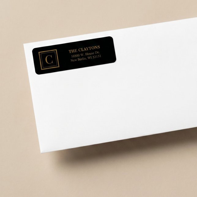 Schwarze & goldene gerahmte Monogramm-Rücksendeadr (Von Creator hochgeladen)