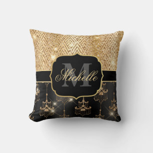 Schwarze & goldene Glitter-Glamour-Kronleuchter & Kissen