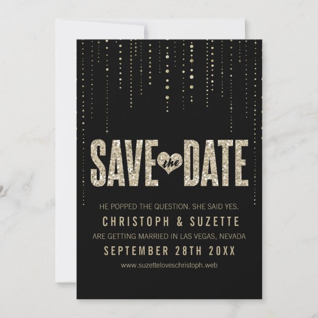 Schwarze & goldene Glitter-Optik Save The Dates Date (Vorderseite)