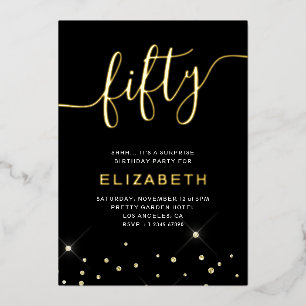 Schwarze & goldene Glitter-Schrift 50. Geburtstags Folieneinladung