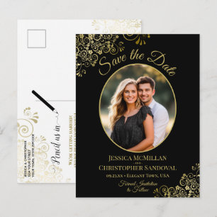 Schwarze & Goldene Hochzeit Save the Date Oval-Fot Ankündigungspostkarte