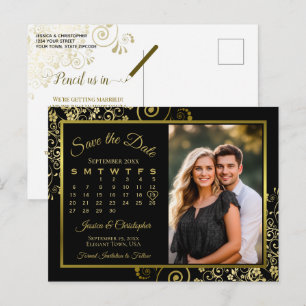 Schwarze & Goldene Hochzeits-Save-the-Date-Kalende Ankündigungspostkarte