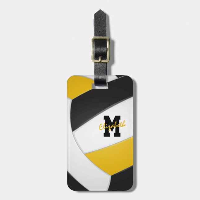 Schwarze goldene Jungs Mannschaft gibt Volleyball Gepäckanhänger (Vorderseite vertikal)