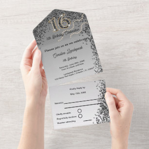 Schwarze & goldene Kalligrafie-Nummer Sweet 16 Gli All In One Einladung