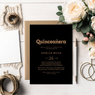 Schwarze Goldene Klassische Minimale Quinceañera Einladung