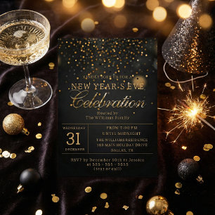 Schwarze & Goldene Konfetti-Silvesterparty Einladung