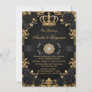 Schwarze Goldene Königliche Krone Elegante Hochzei Einladung