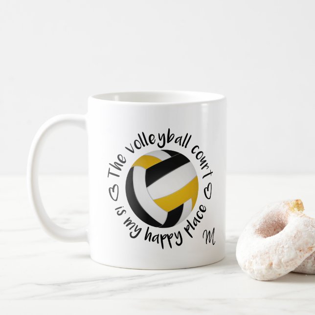 Schwarze goldene Mannschaft färbt Volleyball-Happy Kaffeetasse (Mit Donut)