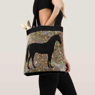 Schwarze & Goldene Pferd Glitzernde Tragetasche