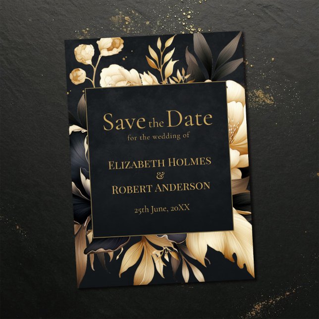 Schwarze & Goldene Pfingstrose Gothic Save-the-Dat Save The Date (Black & Gold Peony Gothic Save the Date on a dark vintage table)