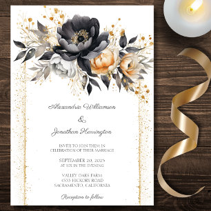 Schwarze & goldene Pfingstrosen-Hochzeit Einladung