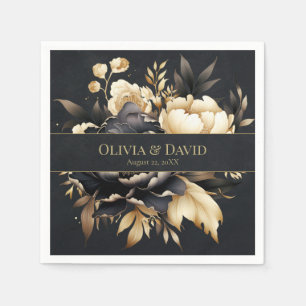 Schwarze & Goldene Pfingstrosen-Hochzeitsserviette Serviette