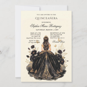 Schwarze Goldene Prinzessin Florale Tiara Quinceañ Einladung