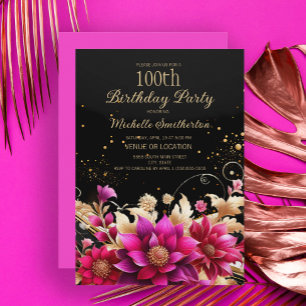 Schwarze Goldene Rosa Florale 100. Geburtstagsfeie Einladung