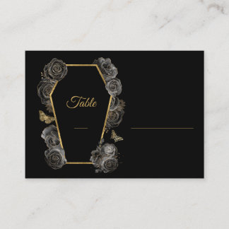 Schwarze & goldene Rosen Sarg gotisches Hochzeitsm Platzkarte