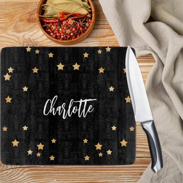 Schwarze goldene Sterne Schneidebrett (Von Creator hochgeladen)
