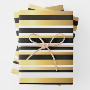 Schwarze, goldene und weiße Vintage Streifen Geschenkpapier Set