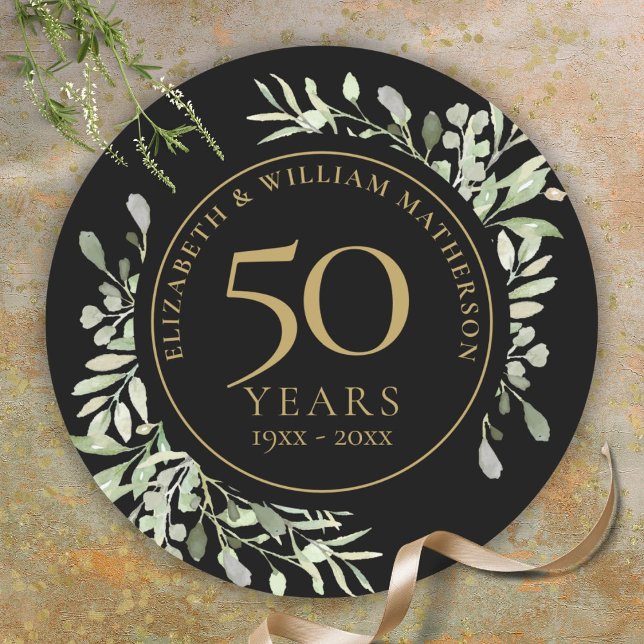 Schwarze goldene Wasserfarbengrün 50 Jahre alt Runder Aufkleber (Black Gold Watercolour Greenery 50th Anniversary Classic Round Sticker)
