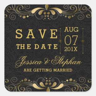 Schwarze goldene Wirbel rahmen Save the Date Quadratischer Aufkleber