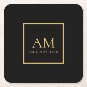 Schwarze Goldfarben Monogramm Anfangsbuchstabe Nam Rechteckiger Pappuntersetzer