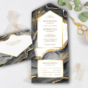 Schwarze Goldfolie Abstrakte Flüssigtinte Hochzeit All In One Einladung