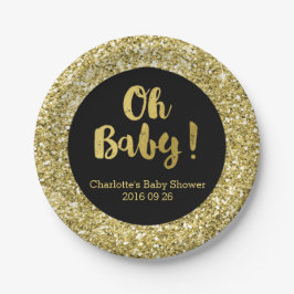 Schwarze GoldGlitzer-oh Baby-Baby-Duschen-Platte Pappteller
