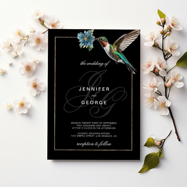 Schwarze Goldmonogramm-Initialen der Kolibri-Hochz Einladung (Black gold monogram initials hummingbird wedding)