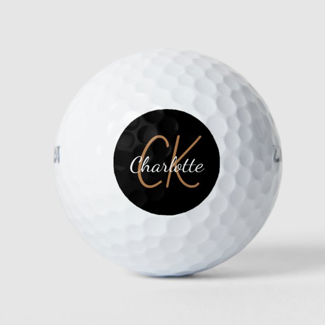 Schwarze Goldmonogramm-Initialnamen minimalistisch Golfball (Vorderseite)