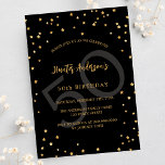 Schwarze Goldsterne zum Geburtstag Einladungspostkarte<br><div class="desc">Eine glamouröse Geburtstagsfeier für ihn und sie. Ein schwarzer Hintergrund mit goldenen Imitaten. Personalisieren und fügen Sie einen Namen und Party-Details hinzu. Golden farbiger Text. Altersnummer als Wasserzeichen.</div>