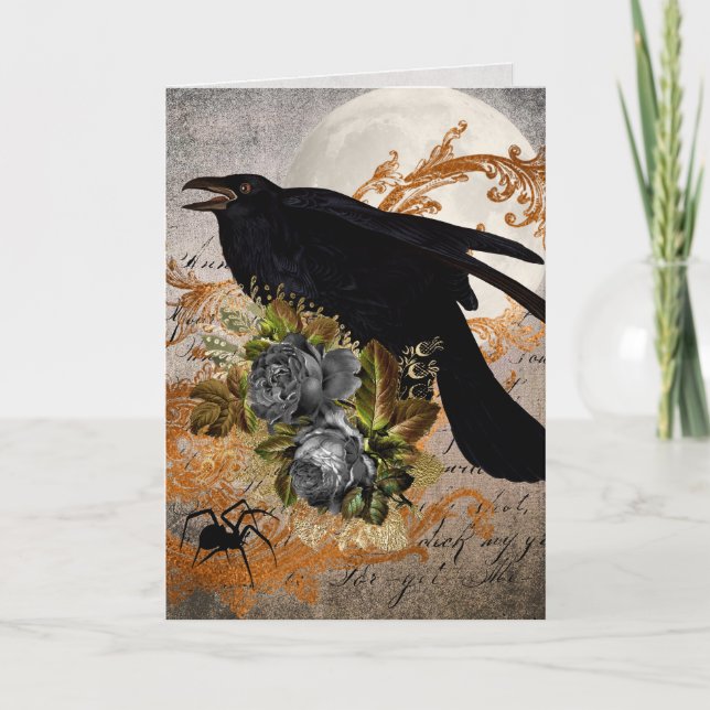 Schwarze gotische Krähe & Spinne Karte (Vorderseite)