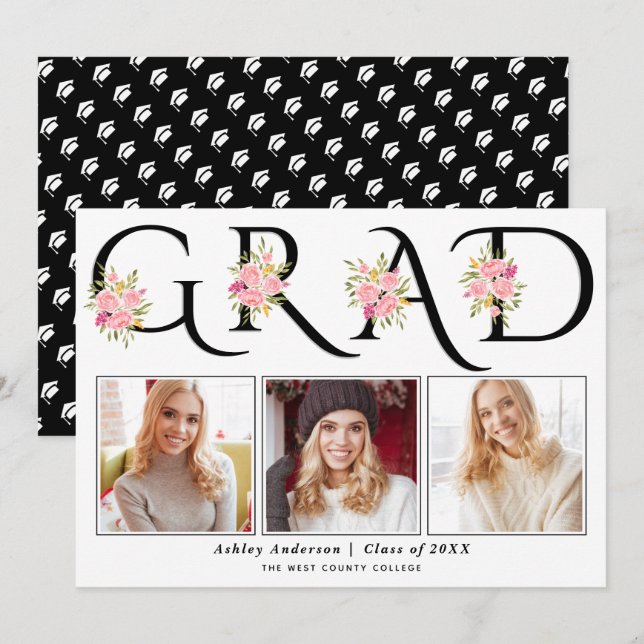 Schwarze GRAD-Typografie Rosenrosen Foto Abschluss Ankündigung (Vorne/Hinten)