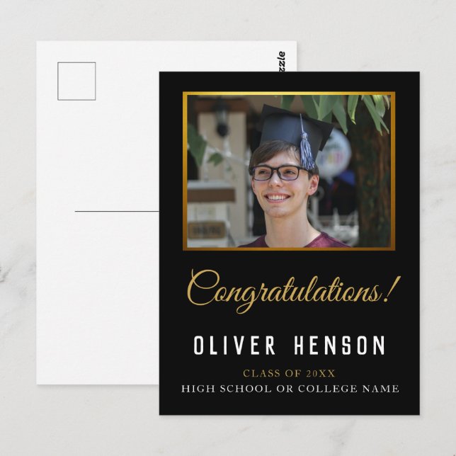 Schwarze Gratulation Absolvent Foto Abschlussfeier Postkarte (Vorne/Hinten)
