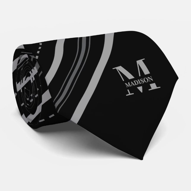 Schwarze & graue diagonale Streifen mit Monogramm  Krawatte (Gerollt)
