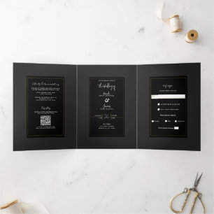 Schwarze graue moderne elegante Minimal-Hochzeit Dreifach Gefaltete Einladung