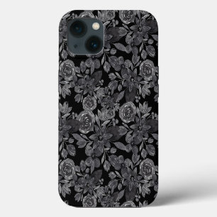 Schwarze graue monochrome Wasserfarbe Floralblätte iPhone 13 Hülle