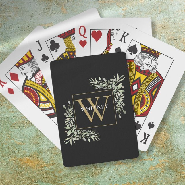 Schwarze Graugrün-Monogram-Personalisiert Spielkarten (Black Gold Monogram Greenery Personalized Poker Cards)