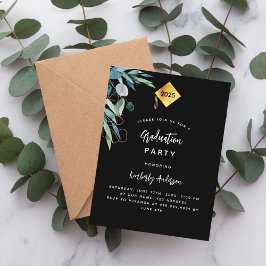 Schwarze Grüne Gold Cap 2025 Graduierungsparty Einladungspostkarte