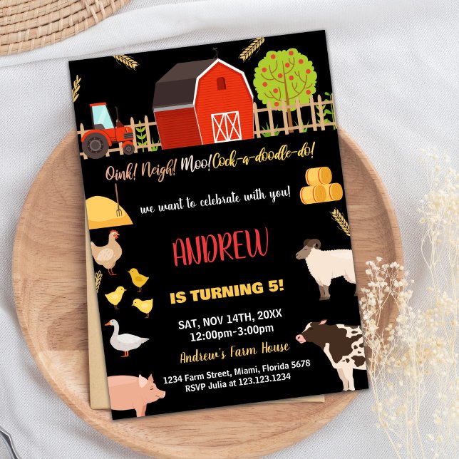 Schwarze Grüne Landtiere zum Geburtstag Einladunge Einladung (Black Red Green Farm Animals Birthday Invitations)