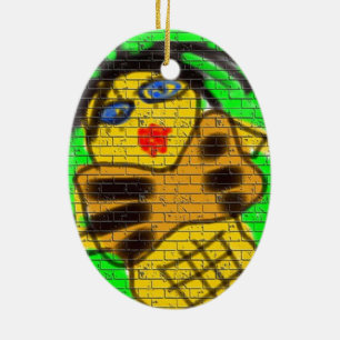 Schwarze Haare Bee Frau Graffiti Wand Malerei Grün Keramikornament