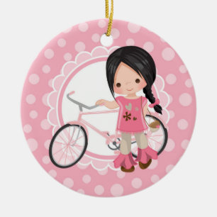 Schwarze Haare Fahrradmädchen - Rosa Weiß Keramik Ornament