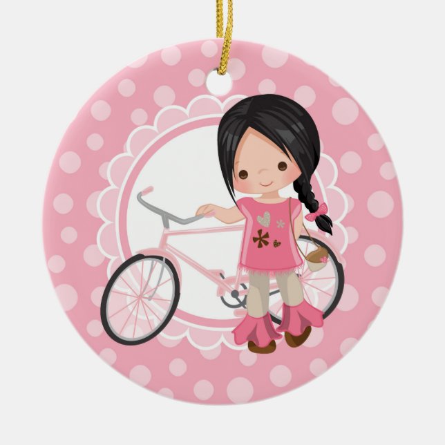 Schwarze Haare Fahrradmädchen - Rosa Weiß Keramik Ornament (Vorne)