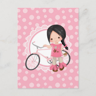 Schwarze Haare Fahrradmädchen - Rosa Weiß Postkarte