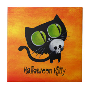 Schwarze Halloween-Katze mit dem Schädel Fliese