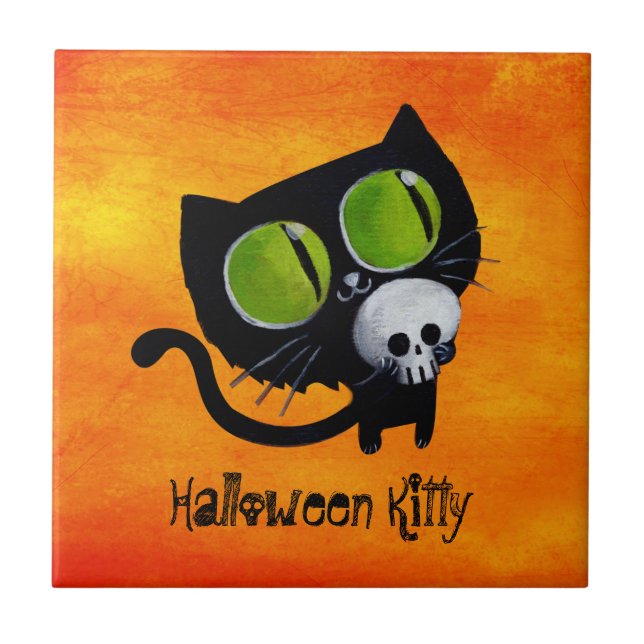 Schwarze Halloween-Katze mit dem Schädel Fliese (Vorderseite)
