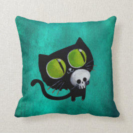 Schwarze Halloween-Katze mit dem Schädel Kissen