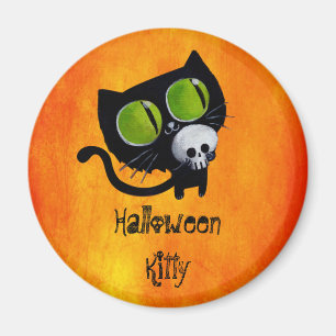 Schwarze Halloween-Katze mit dem Schädel Magnet