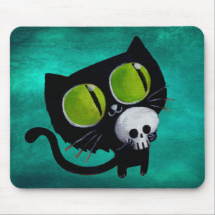 Schwarze Halloween-Katze mit dem Schädel Mousepad