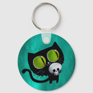 Schwarze Halloween-Katze mit dem Schädel Schlüsselanhänger